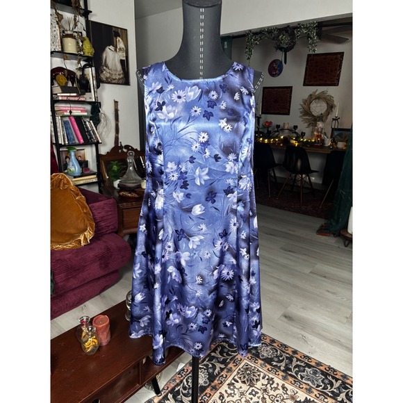 Lisa Jo Floral Print Blue Satin Lace Up Back Dress Women's Y2K 90's - Picture 7 of 8